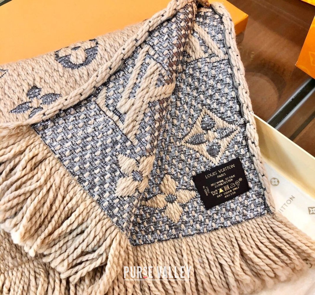 Louis Vuitton Logomania Wool Long Scarf with Fringe 30x175cm Beige/Silver 2024 LV011003 (wtz-240110025)