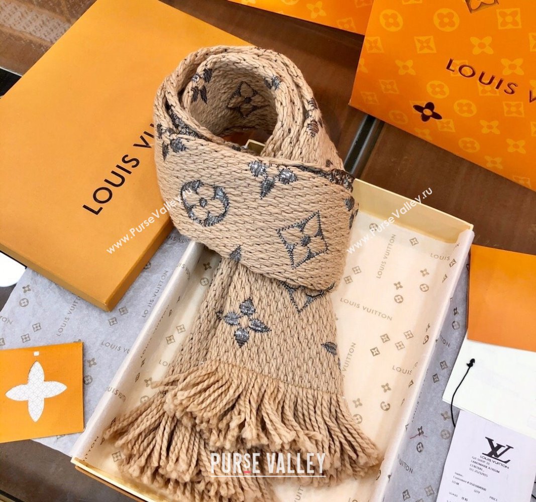 Louis Vuitton Logomania Wool Long Scarf with Fringe 30x175cm Beige/Silver 2024 LV011003 (wtz-240110025)