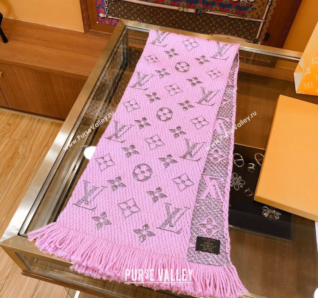 Louis Vuitton Logomania Wool Long Scarf with Fringe 30x175cm Pink/Silver 2024 LV011003 (wtz-240110026)