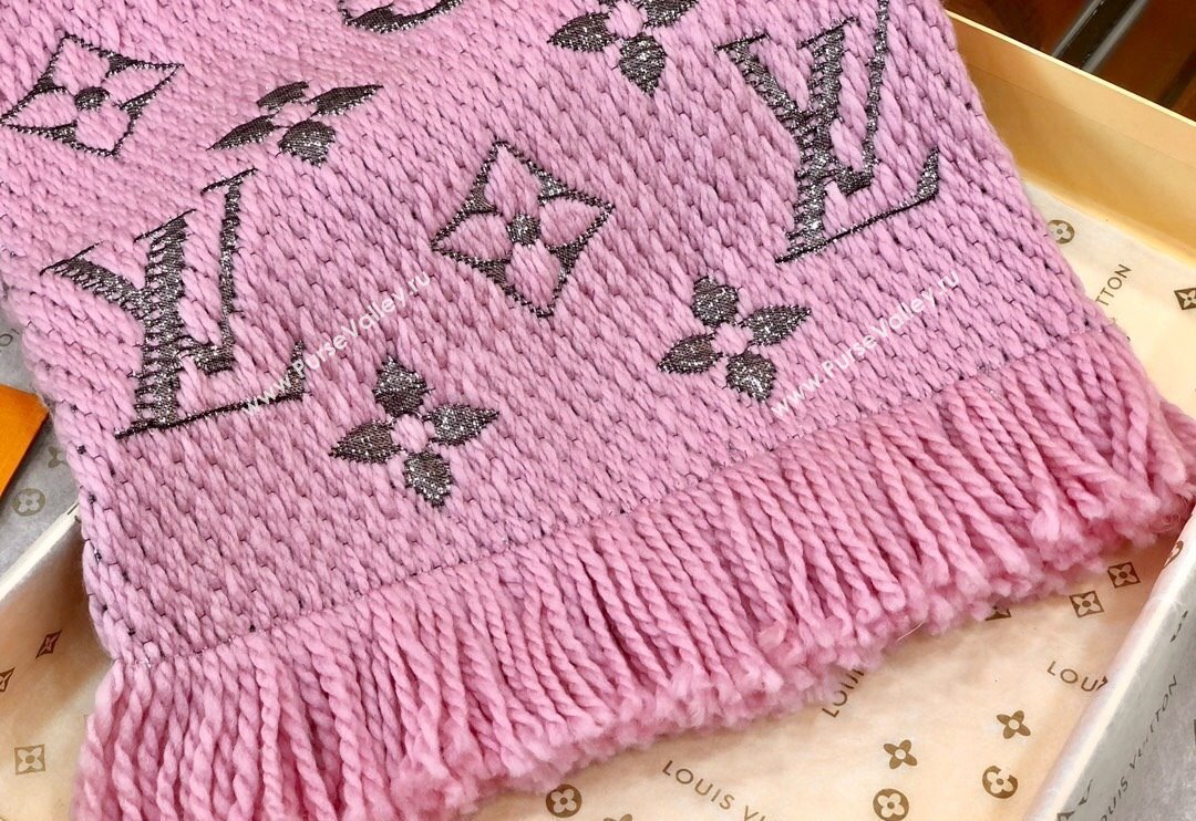 Louis Vuitton Logomania Wool Long Scarf with Fringe 30x175cm Pink/Silver 2024 LV011003 (wtz-240110026)