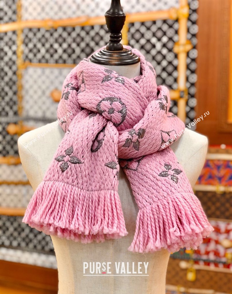 Louis Vuitton Logomania Wool Long Scarf with Fringe 30x175cm Pink/Silver 2024 LV011003 (wtz-240110026)