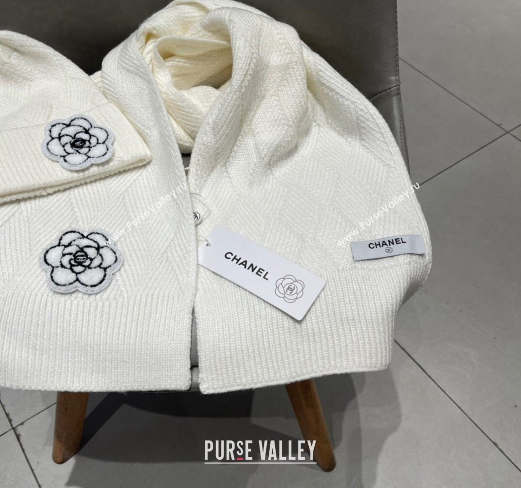 Chanel Knit Scarf and Hat Set with Camellia Bloom White 2024 0111 (A-240111001)