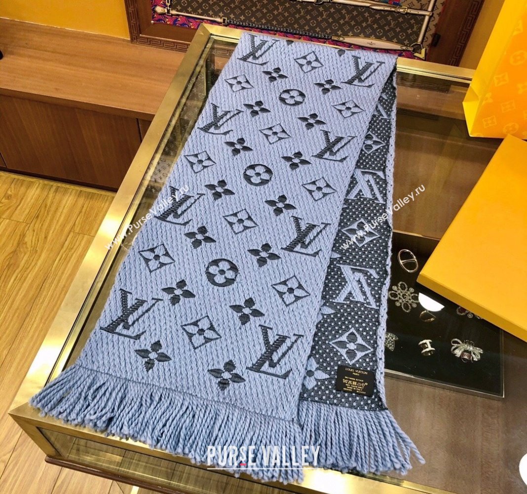 Louis Vuitton Logomania Wool Long Scarf with Fringe 30x175cm Light Blue 2024 LV011004 (wtz-240110037)