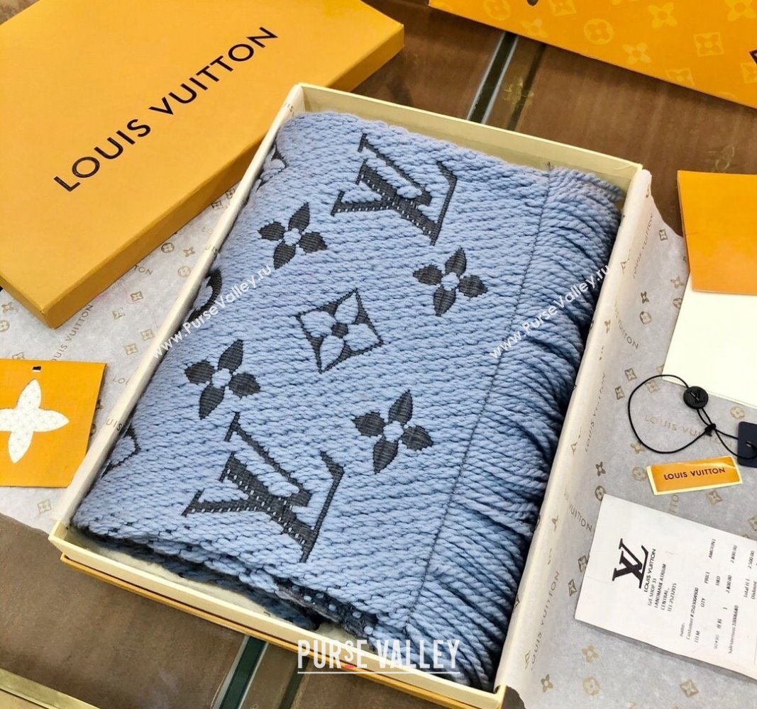 Louis Vuitton Logomania Wool Long Scarf with Fringe 30x175cm Light Blue 2024 LV011004 (wtz-240110037)