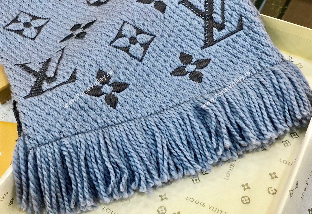 Louis Vuitton Logomania Wool Long Scarf with Fringe 30x175cm Light Blue 2024 LV011004 (wtz-240110037)