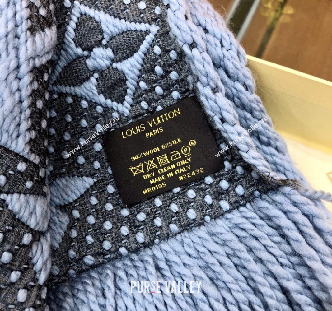 Louis Vuitton Logomania Wool Long Scarf with Fringe 30x175cm Light Blue 2024 LV011004 (wtz-240110037)