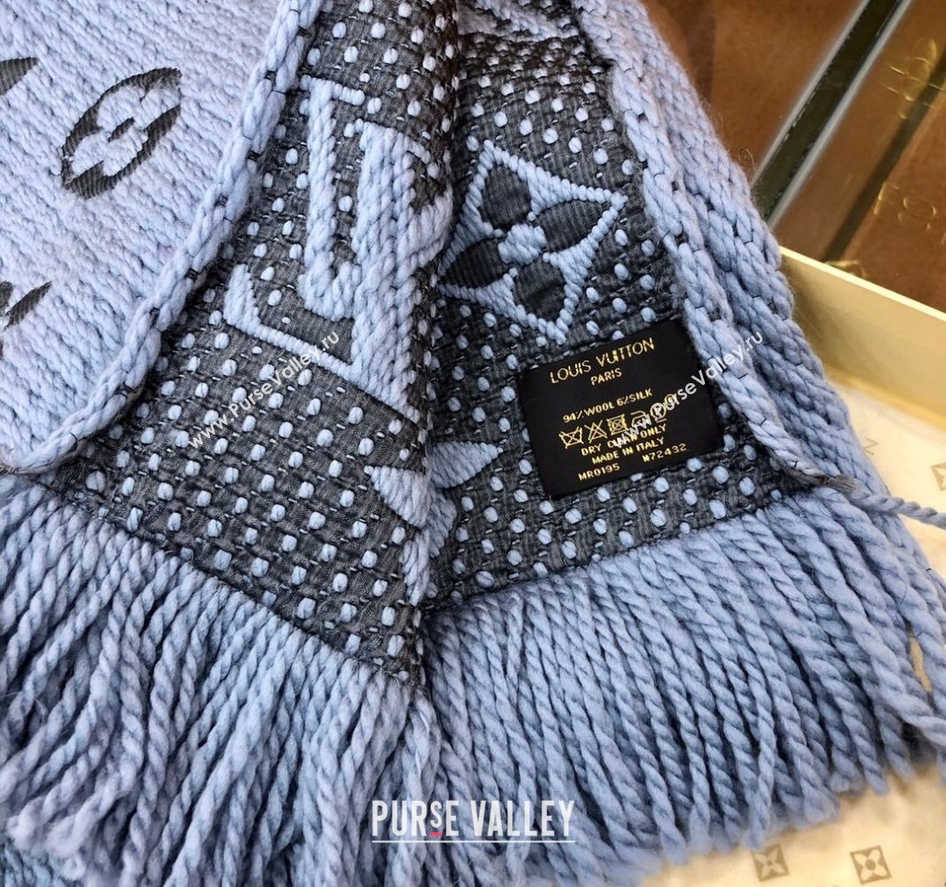 Louis Vuitton Logomania Wool Long Scarf with Fringe 30x175cm Light Blue 2024 LV011004 (wtz-240110037)