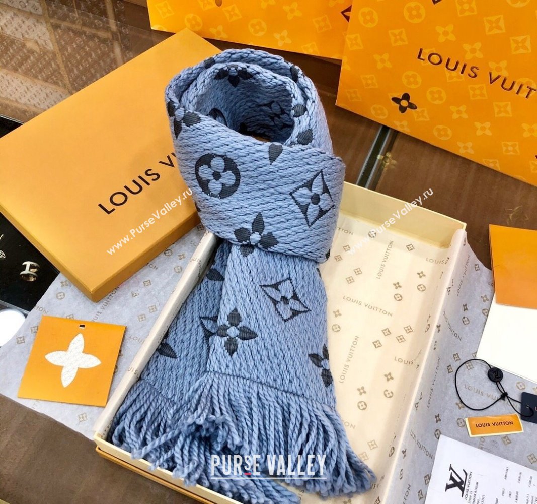 Louis Vuitton Logomania Wool Long Scarf with Fringe 30x175cm Light Blue 2024 LV011004 (wtz-240110037)