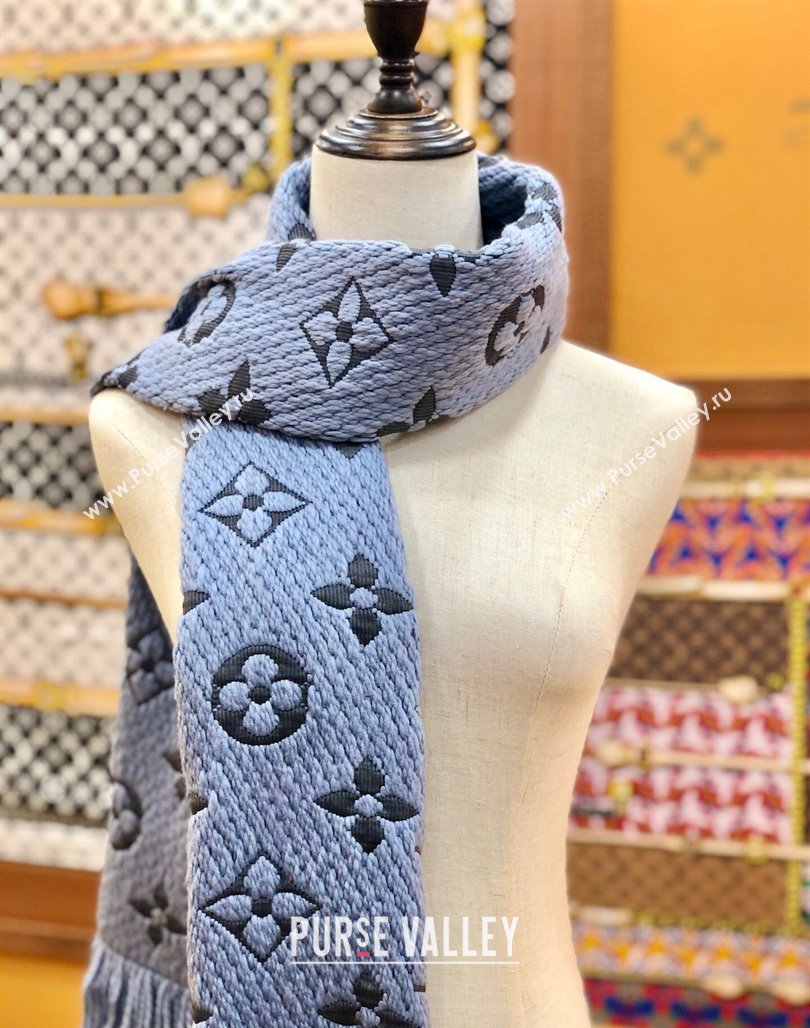 Louis Vuitton Logomania Wool Long Scarf with Fringe 30x175cm Light Blue 2024 LV011004 (wtz-240110037)