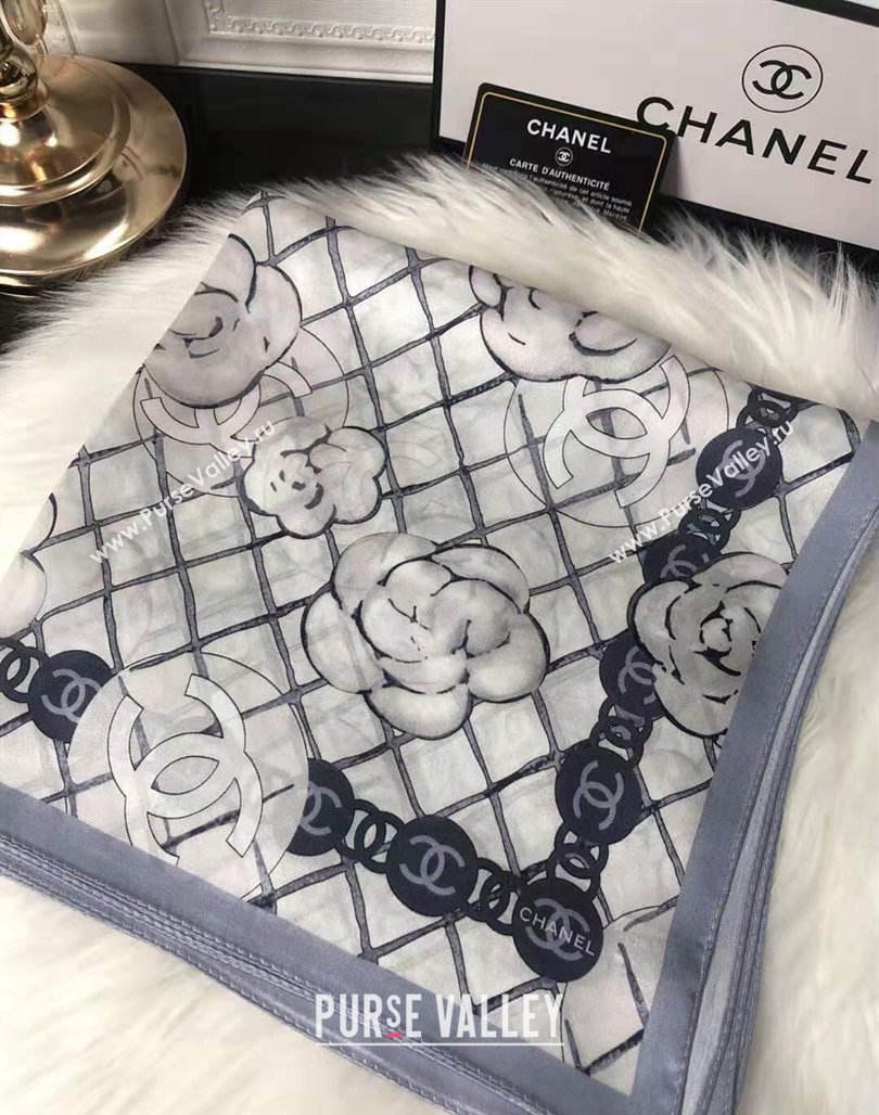 Chanel Silk Sqaure Scarf in Camellia Print 53cm Grey 2024 0111 (A-240111037)