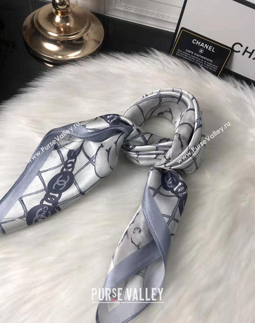 Chanel Silk Sqaure Scarf in Camellia Print 53cm Grey 2024 0111 (A-240111037)