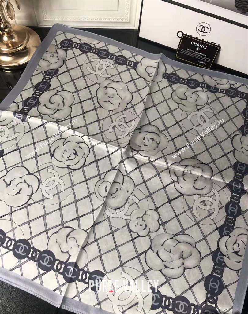 Chanel Silk Sqaure Scarf in Camellia Print 53cm Grey 2024 0111 (A-240111037)