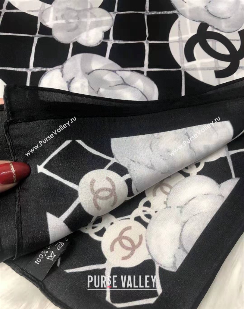 Chanel Silk Sqaure Scarf in Camellia Print 53cm White 2024 0111 (A-240111038)