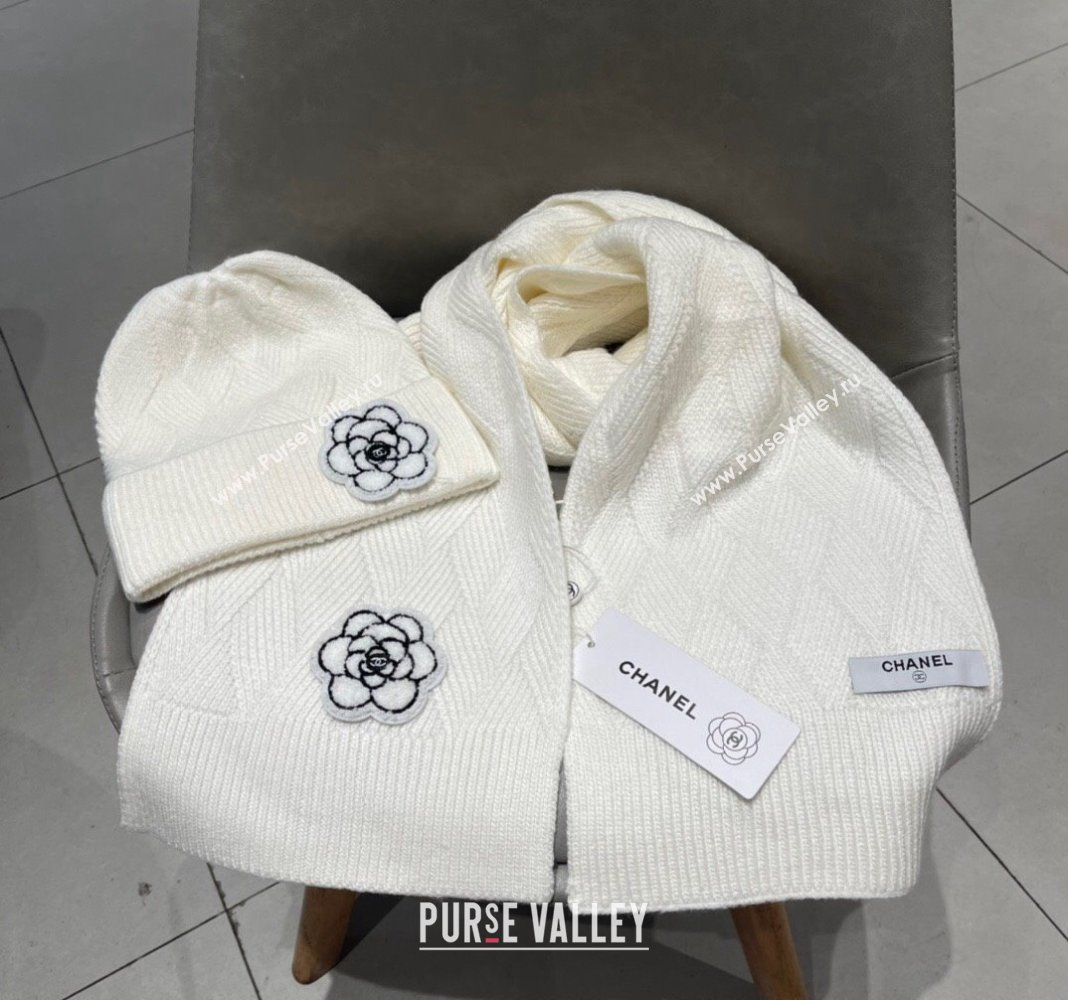 Chanel Knit Scarf and Hat Set with Camellia Bloom White 2024 0111 (A-240111001)