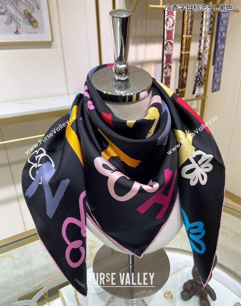 Chanel Color Logo Silk Sqaure Scarf 90x90cm Black 2024 0111 (A-240111041)