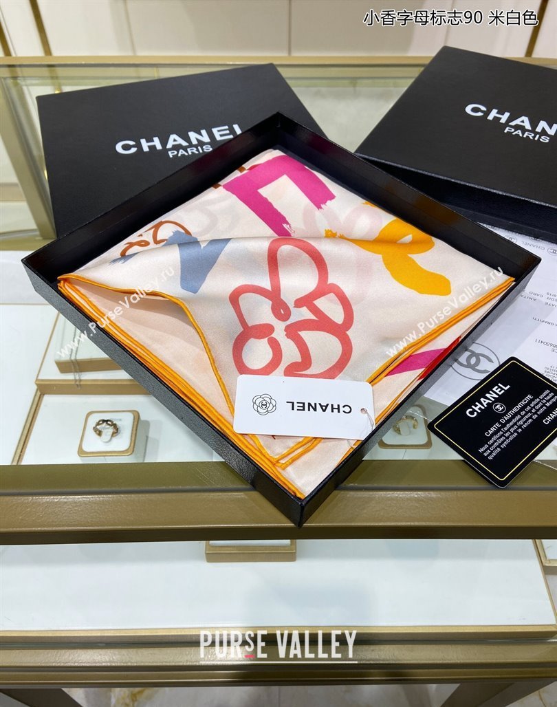 Chanel Color Logo Silk Sqaure Scarf 90x90cm White 2024 0111 (A-240111042)