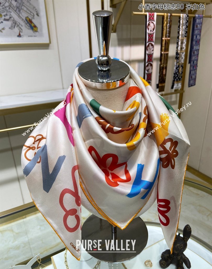 Chanel Color Logo Silk Sqaure Scarf 90x90cm White 2024 0111 (A-240111042)