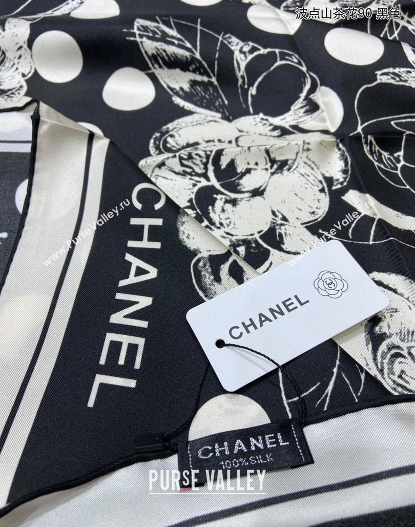 Chanel Dots Camellia Silk Sqaure Scarf 90x90cm Black 2024 0111 (A-240111044)