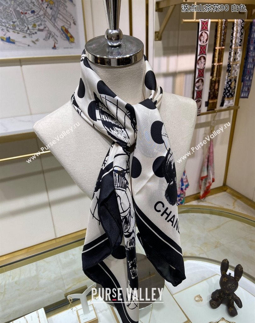 Chanel Dots Camellia Silk Sqaure Scarf 90x90cm White 2024 0111 (A-240111045)