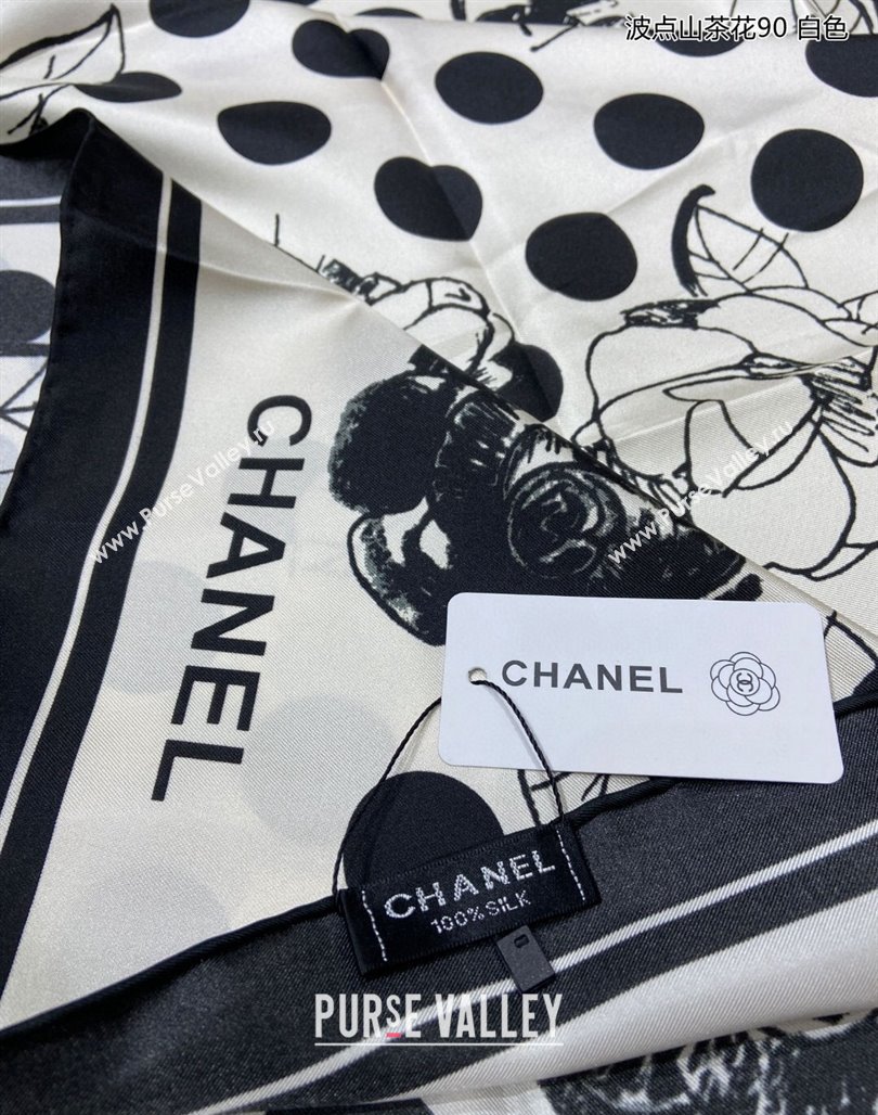 Chanel Dots Camellia Silk Sqaure Scarf 90x90cm White 2024 0111 (A-240111045)