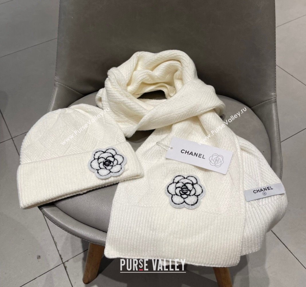 Chanel Knit Scarf and Hat Set with Camellia Bloom White 2024 0111 (A-240111001)