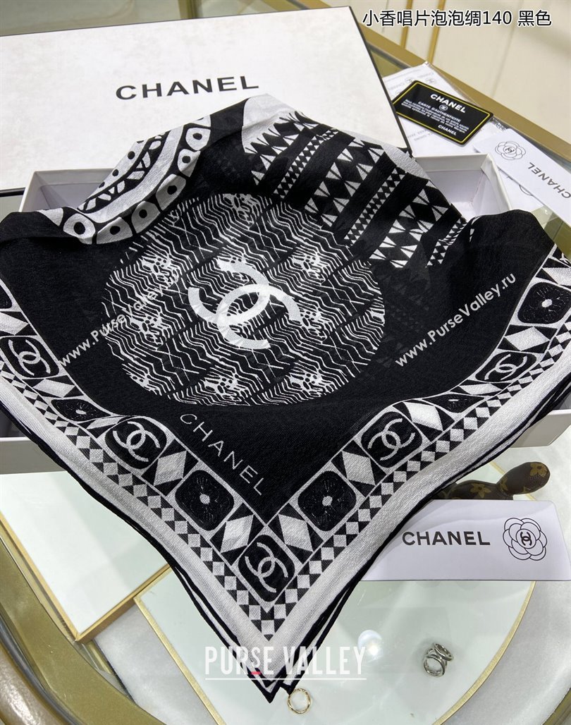 Chanel Disc Printed Silk Sqaure Shawl Scarf 140cm Black 2024 (A-240111011)