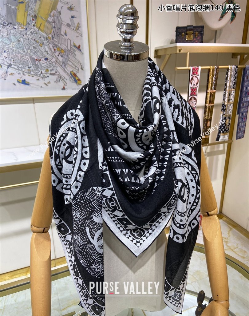 Chanel Disc Printed Silk Sqaure Shawl Scarf 140cm Black 2024 (A-240111011)