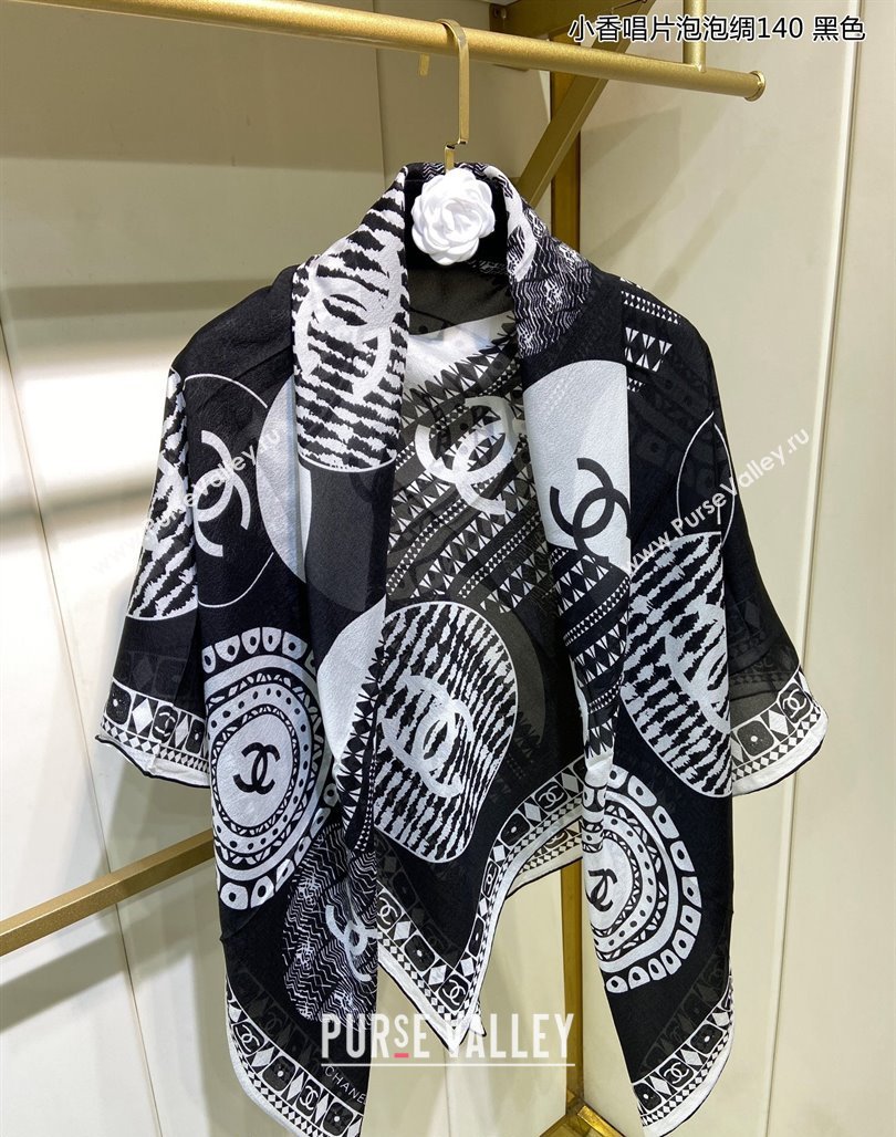 Chanel Disc Printed Silk Sqaure Shawl Scarf 140cm Black 2024 (A-240111011)