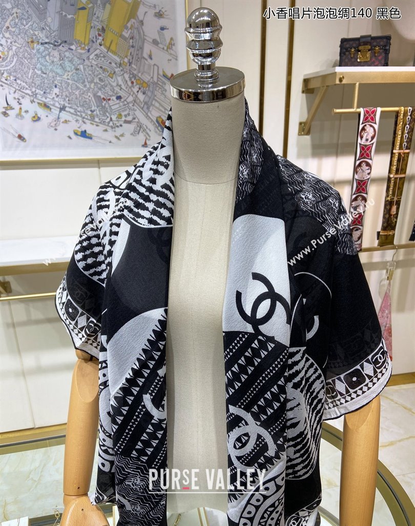 Chanel Disc Printed Silk Sqaure Shawl Scarf 140cm Black 2024 (A-240111011)