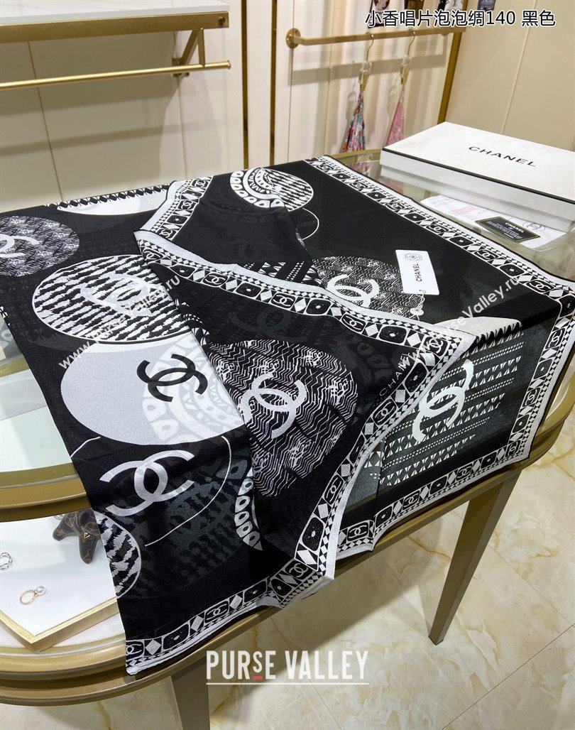 Chanel Disc Printed Silk Sqaure Shawl Scarf 140cm Black 2024 (A-240111011)