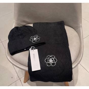 Chanel Knit Scarf and Hat Set with Camellia Bloom Black 2024 0111 (A-240111002)