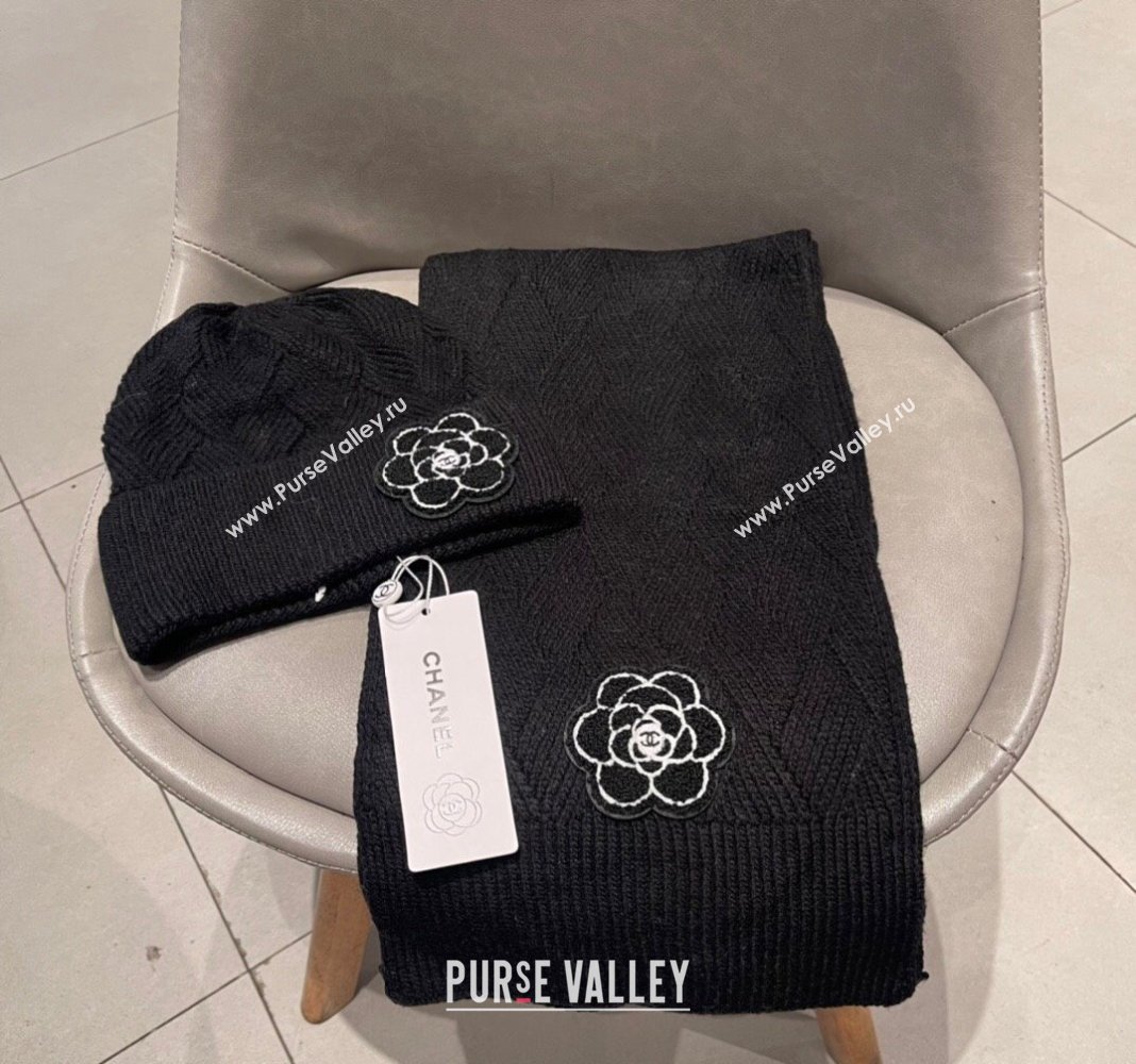 Chanel Knit Scarf and Hat Set with Camellia Bloom Black 2024 0111 (A-240111002)