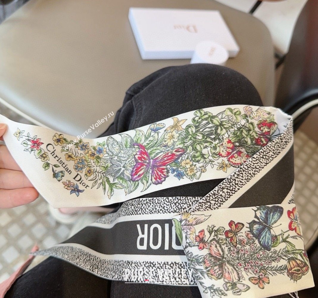 Dior Flora Silk Bandeau Scarf 6x100cm Black 2024 040701 (A-240407069)