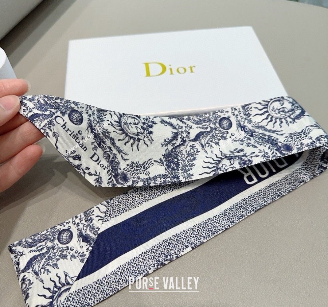 Dior Toile de Jouy Soleil Motif Silk Bandeau Scarf 6x100cm Blue 2024 (A-240407071)