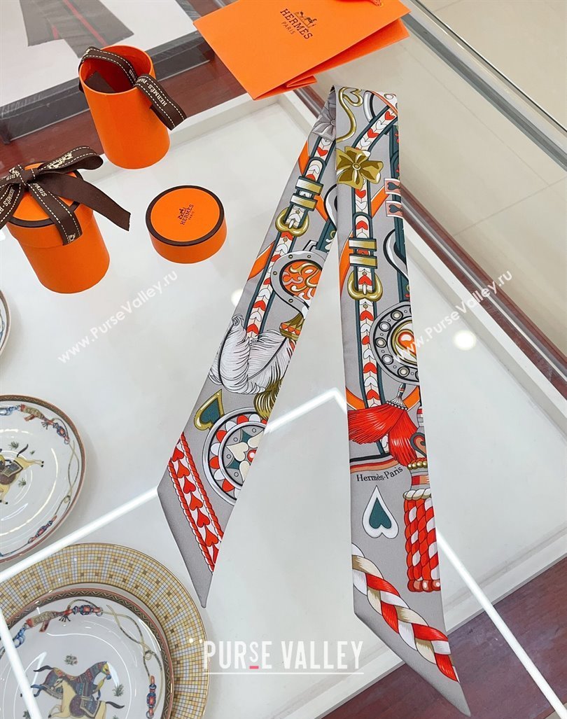 Hermes Harnais de Coeur Silk Bandeau Scarf 5x86cm Grey 2024 (A-240407038)