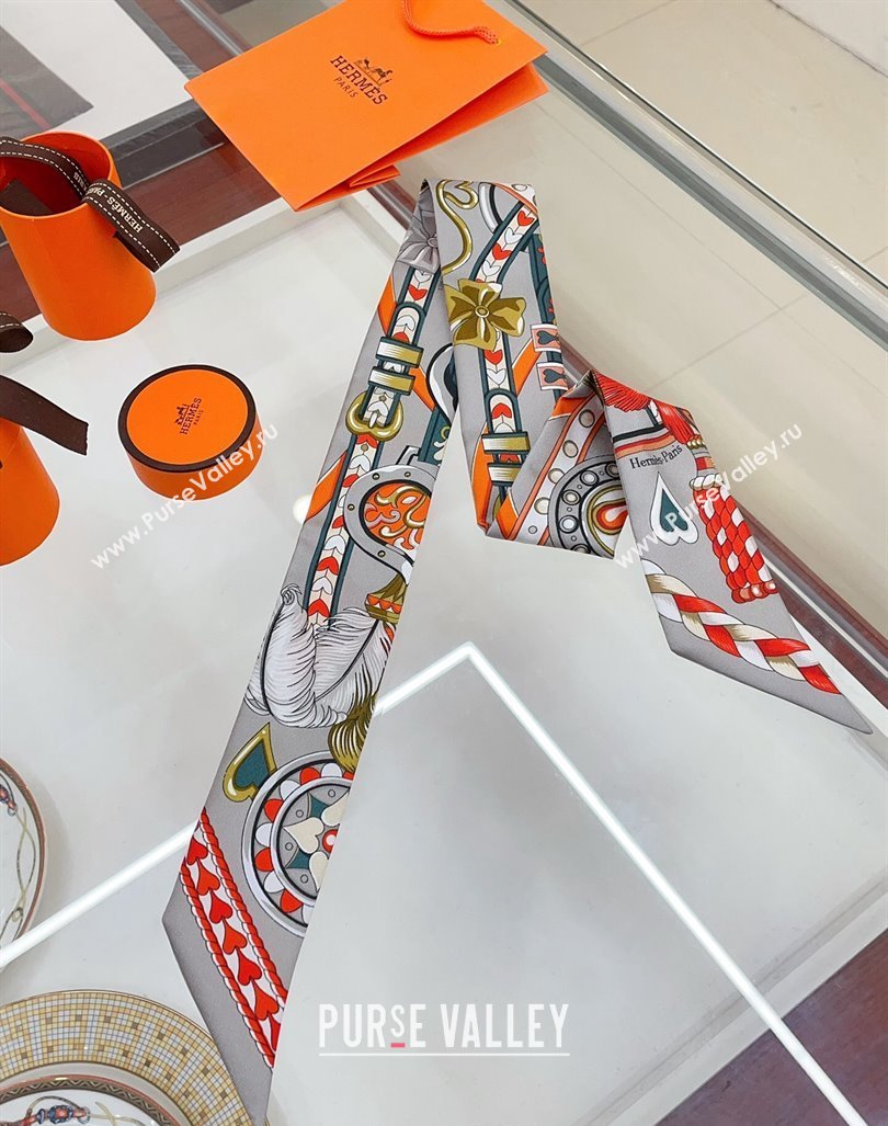 Hermes Harnais de Coeur Silk Bandeau Scarf 5x86cm Grey 2024 (A-240407038)