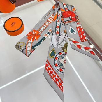 Hermes Harnais de Coeur Silk Bandeau Scarf 5x86cm Grey 2024 (A-240407038)