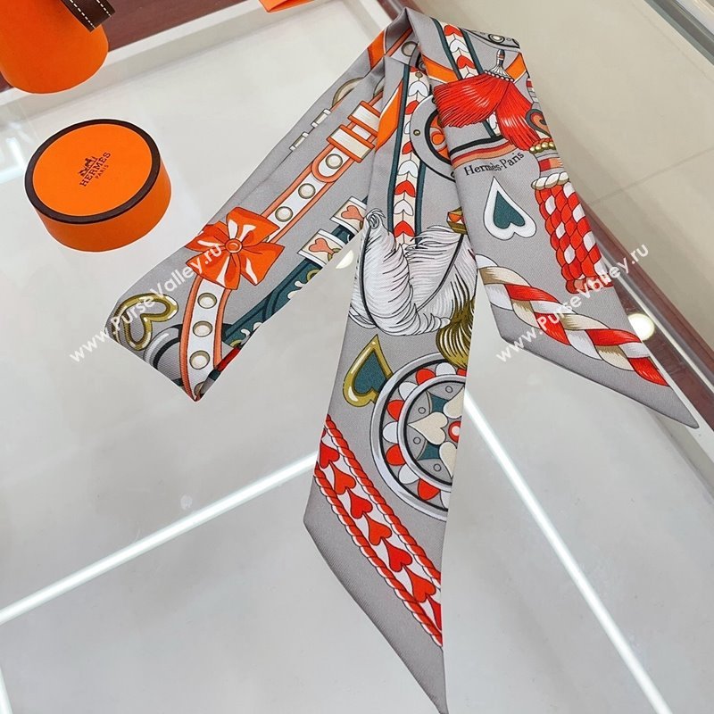 Hermes Harnais de Coeur Silk Bandeau Scarf 5x86cm Grey 2024 (A-240407038)