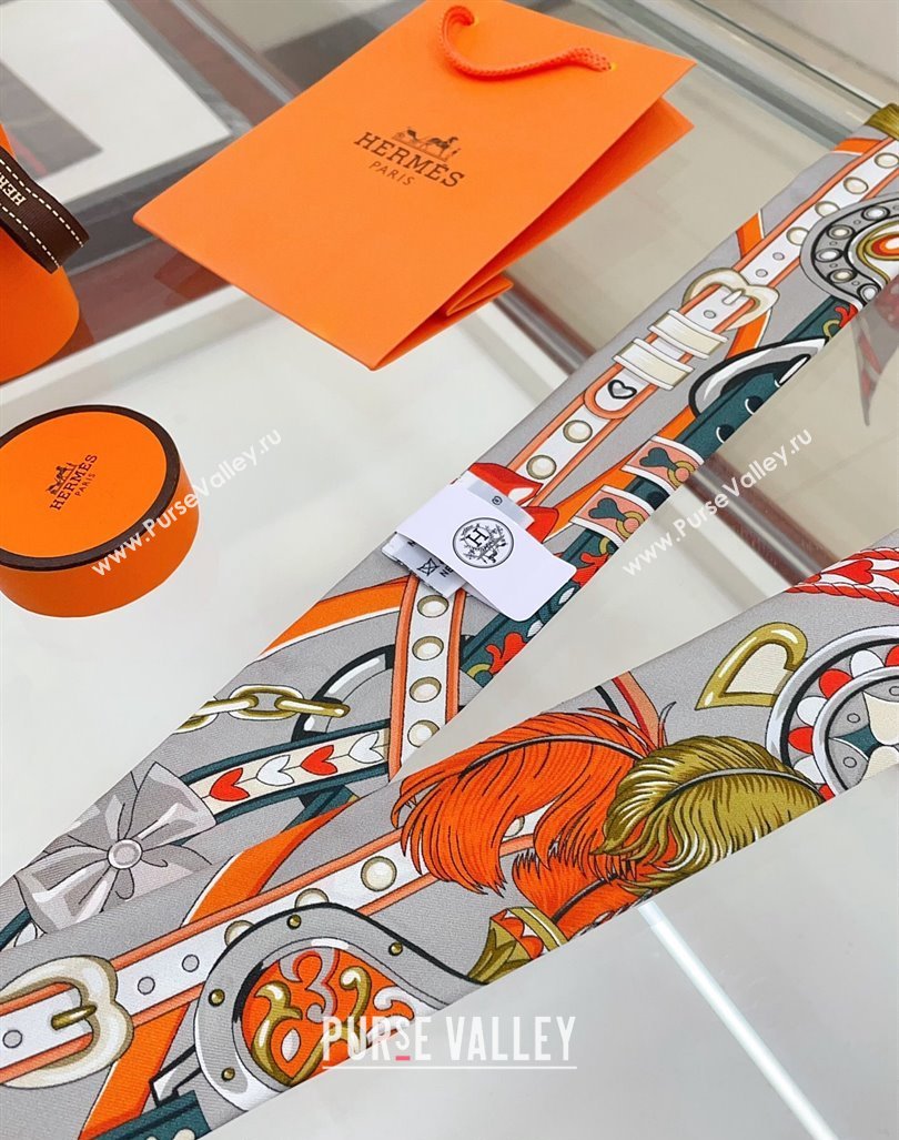 Hermes Harnais de Coeur Silk Bandeau Scarf 5x86cm Grey 2024 (A-240407038)
