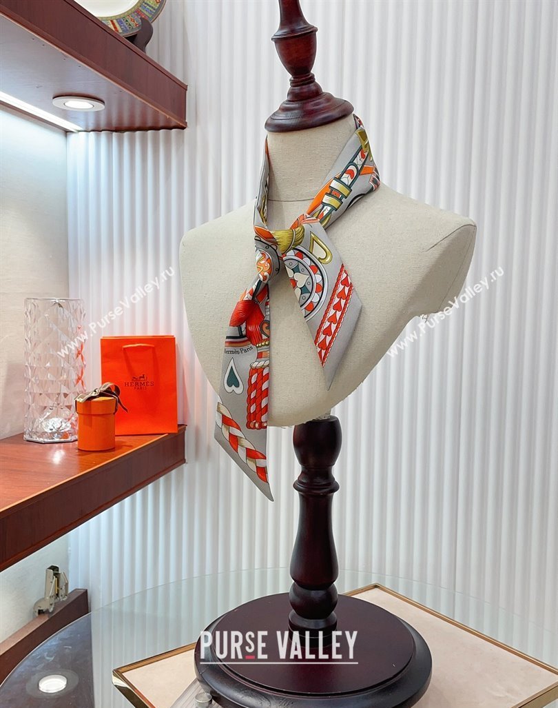 Hermes Harnais de Coeur Silk Bandeau Scarf 5x86cm Grey 2024 (A-240407038)