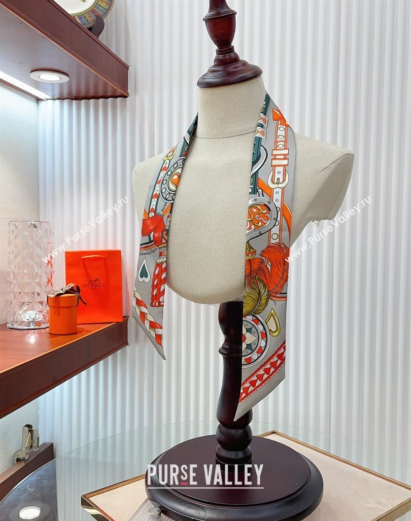 Hermes Harnais de Coeur Silk Bandeau Scarf 5x86cm Grey 2024 (A-240407038)