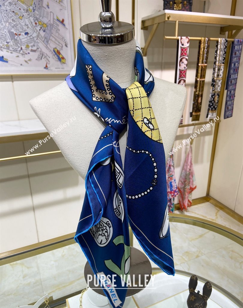 Chanel Silk Sqaure Scarf 90x90cm Blue 2024 040701 (A-240407027)