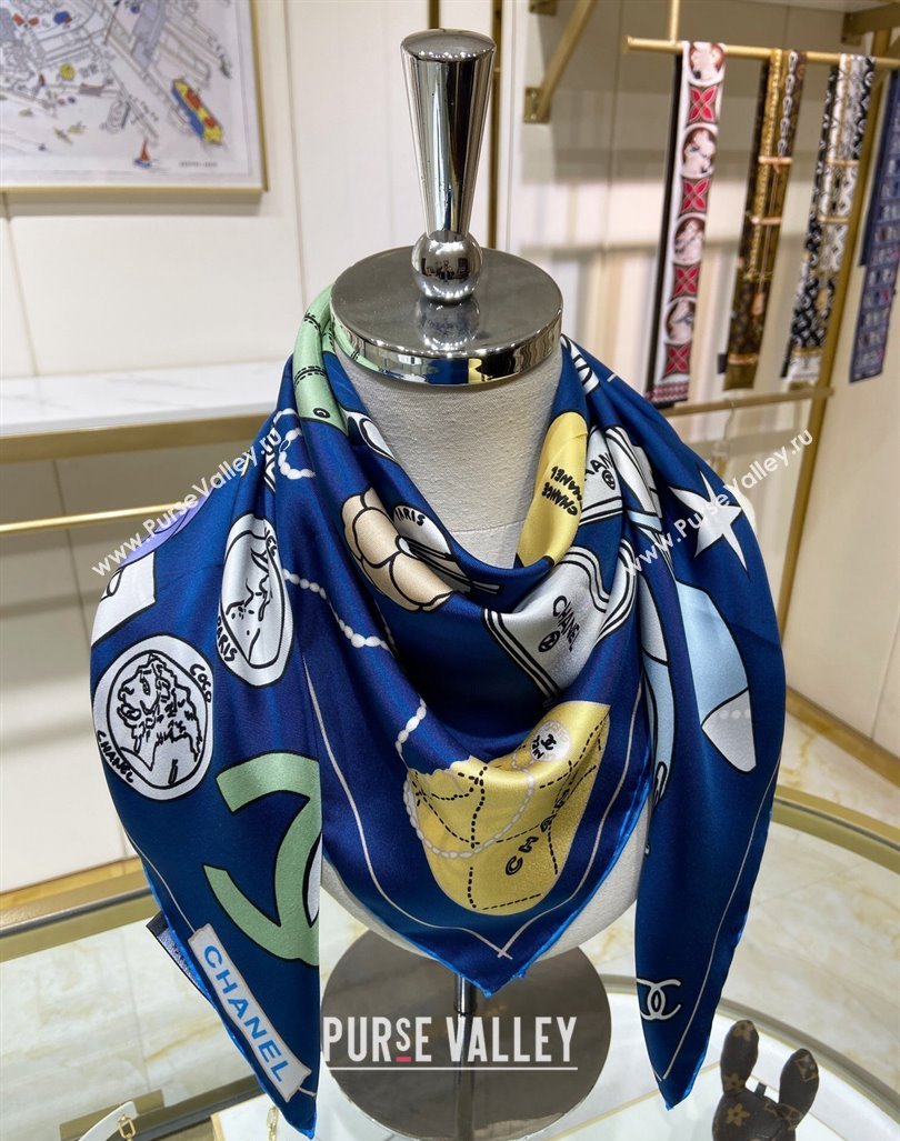 Chanel Silk Sqaure Scarf 90x90cm Blue 2024 040701 (A-240407027)