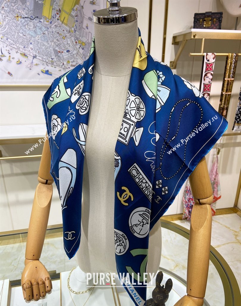 Chanel Silk Sqaure Scarf 90x90cm Blue 2024 040701 (A-240407027)