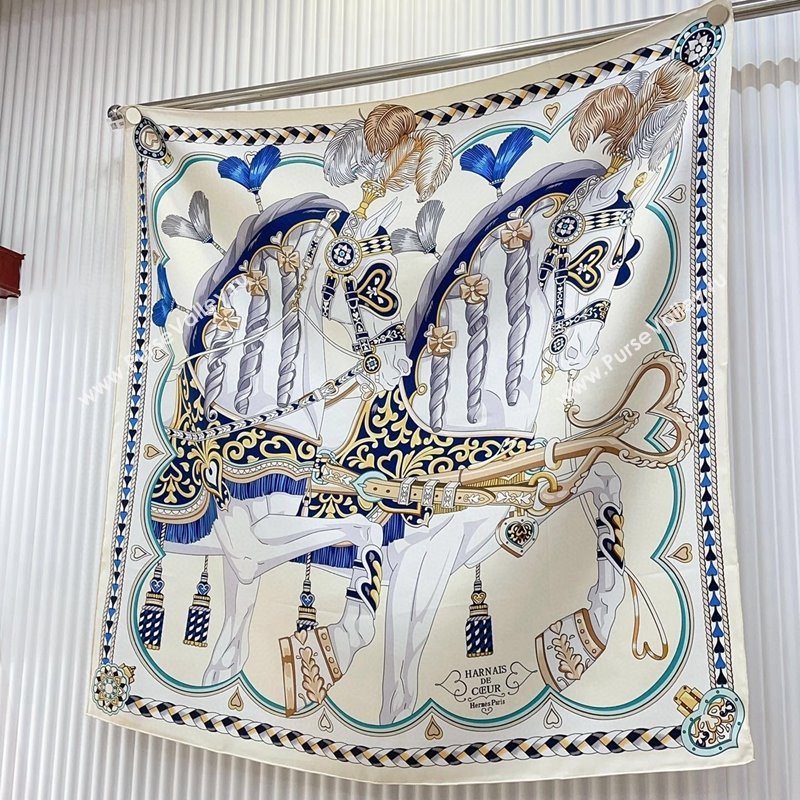 Hermes Harnais de Coeur Silk Square Scarf 90x90cm Blue 2024 (A-240403168)