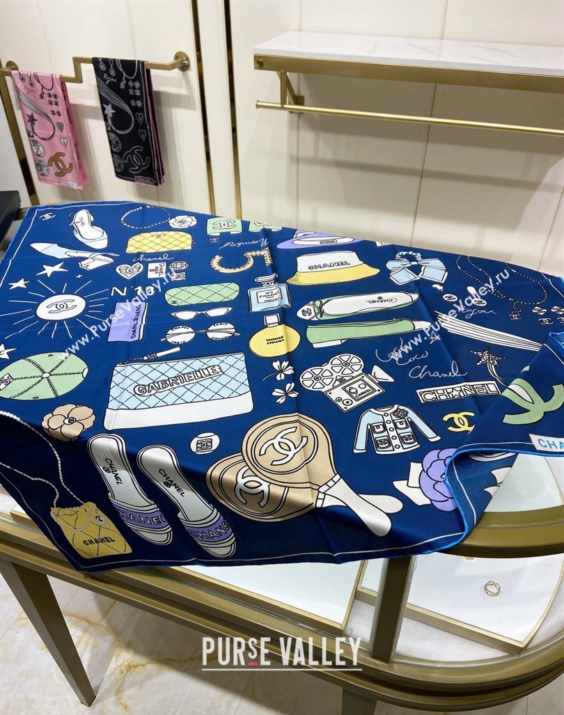 Chanel Silk Sqaure Scarf 90x90cm Blue 2024 040701 (A-240407027)