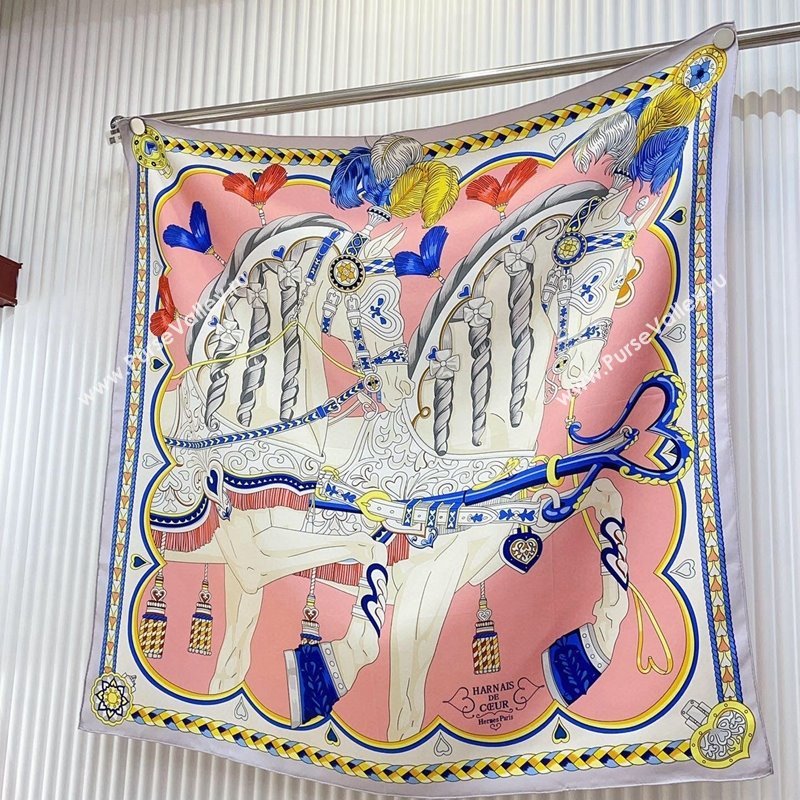 Hermes Harnais de Coeur Silk Square Scarf 90x90cm Pink 2024 (A-240403169)