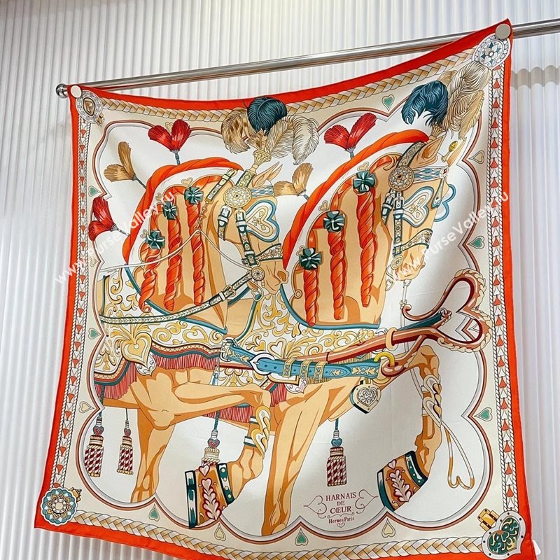 Hermes Harnais de Coeur Silk Square Scarf 90x90cm Orange 2024 (A-240403167)