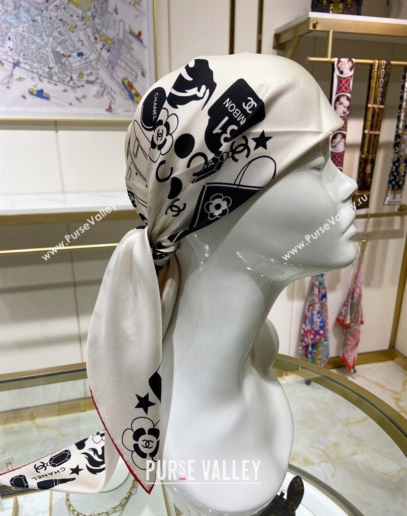 Chanel Silk Square Scarf 90x90cm White 2024 040801 (A-240408002)