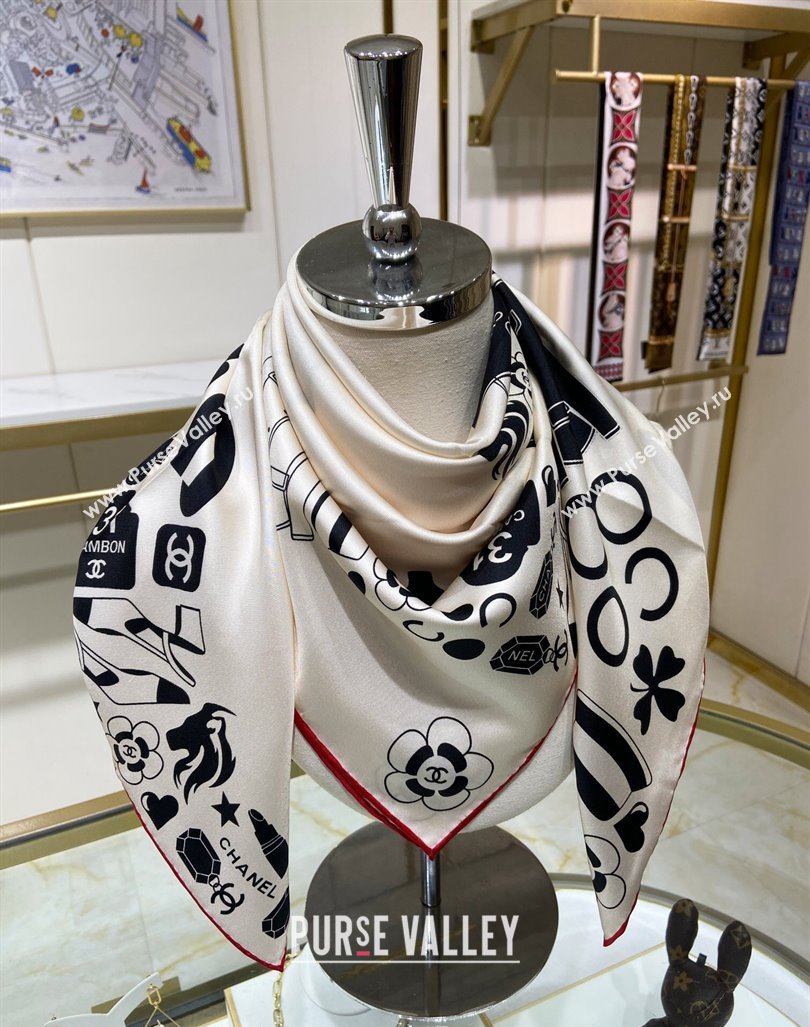 Chanel Silk Square Scarf 90x90cm White 2024 040801 (A-240408002)